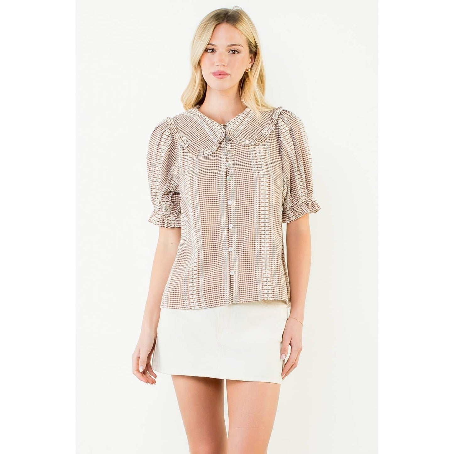 Puff Sleeve Gingham Patterned Top: RED / XS-S-M-L(1-2-2-1)