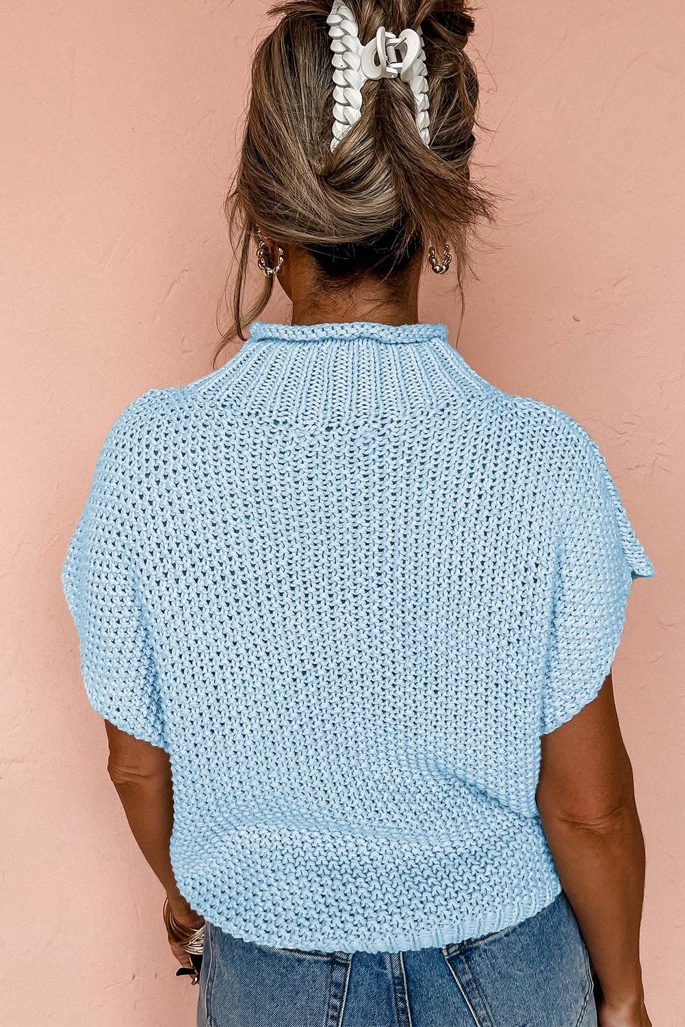 Iceland Blue High Neck Bat Short Sleeve Sweater: Iceland Blue / 60%Cotton+40%Acrylic / M
