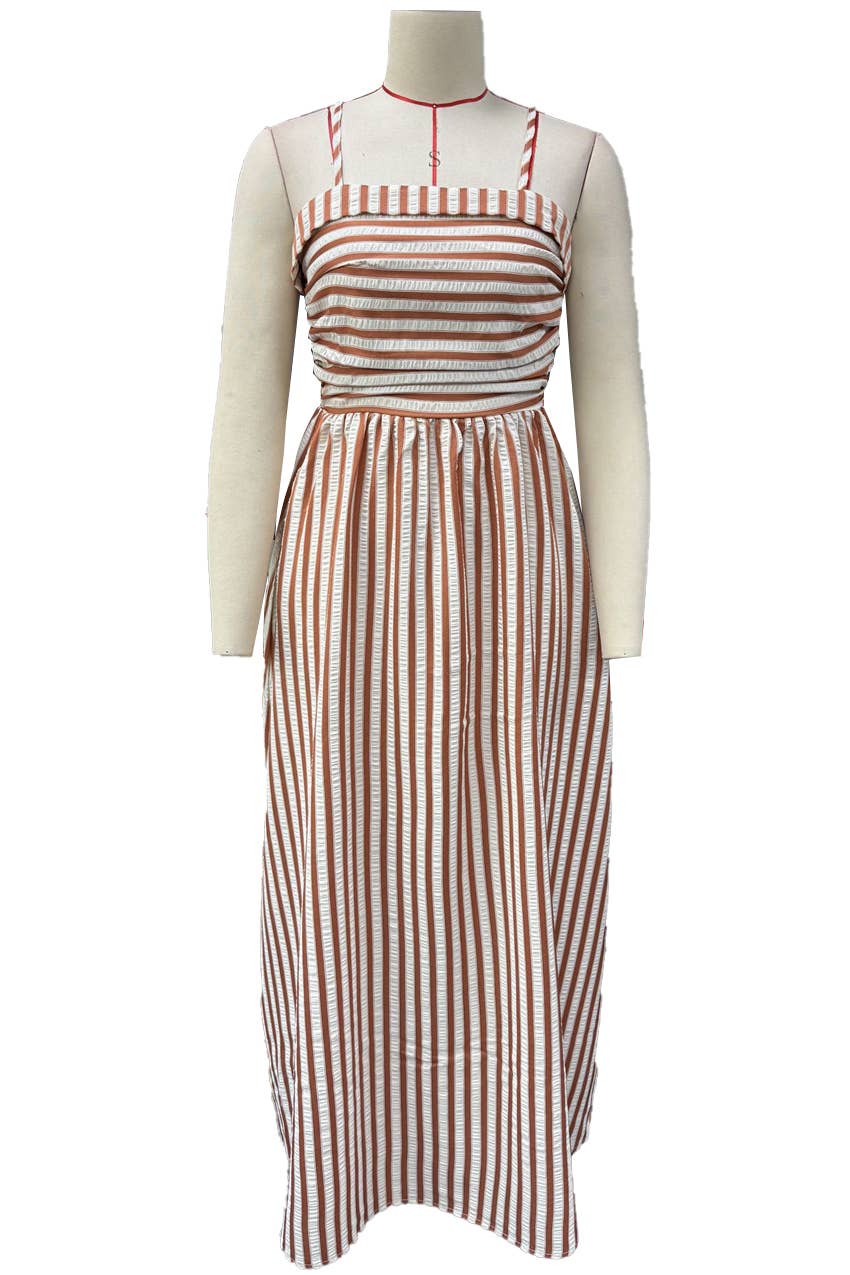 Striped Vacation Maxi Dress with Pockets: Coffee / Missy / M