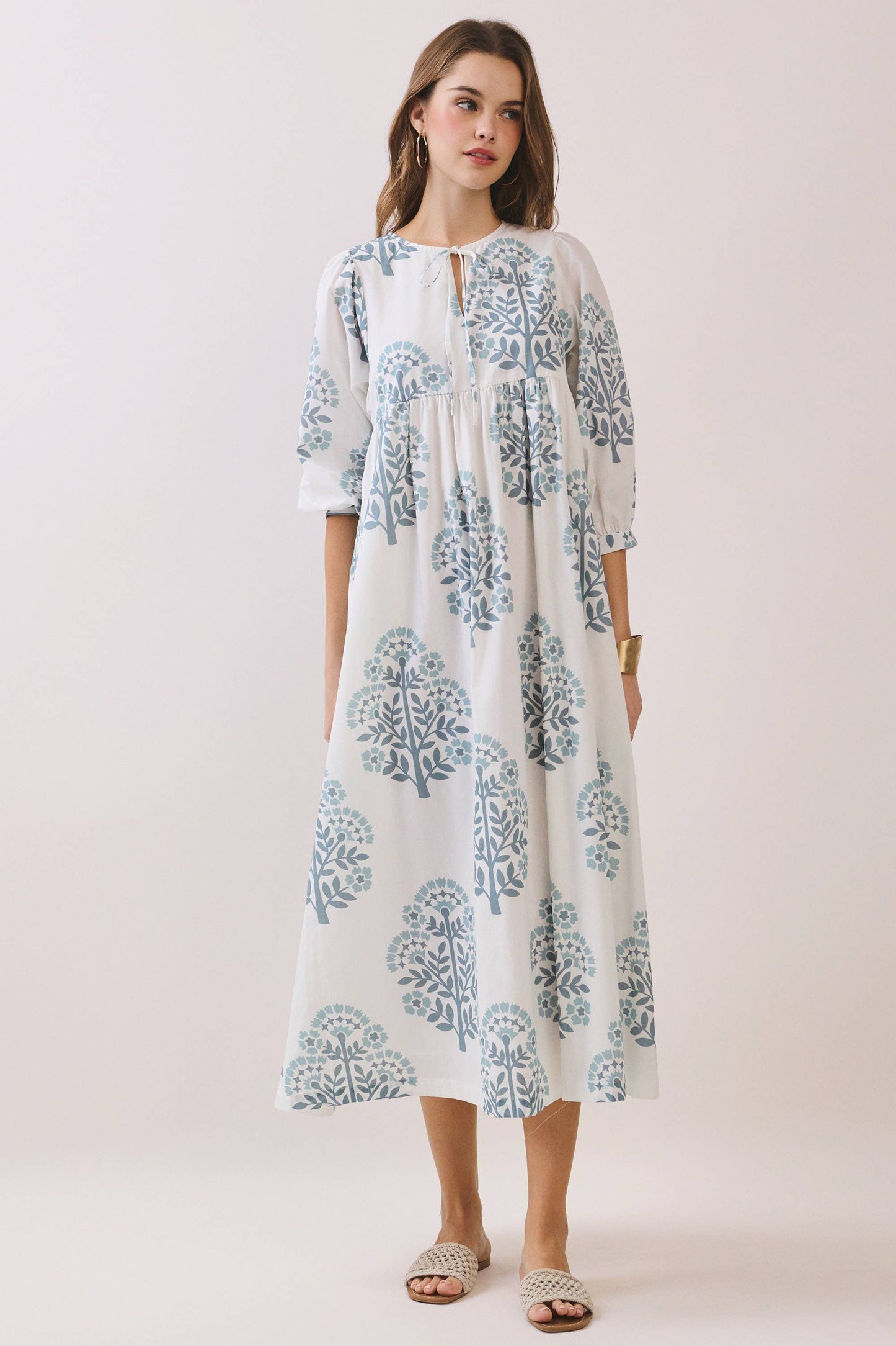 CD06780-Printed Keyhole Front Dress With Balloon Sleeves: Blue / M