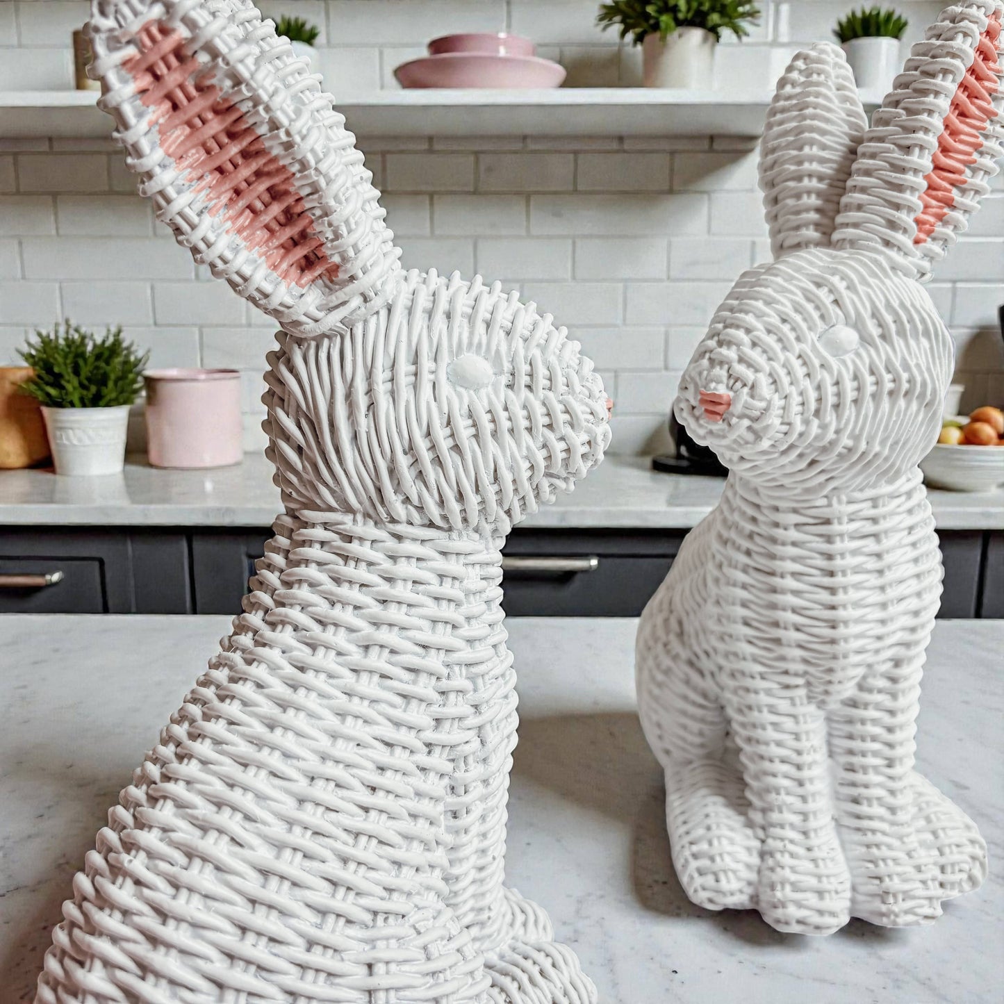 Easter Farmhouse Home Decor, Resin Bunny Figurine Rattan : White