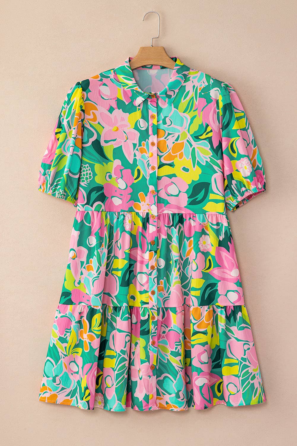 Floral Puff Sleeve Collar Buttoned Babydoll Dress: Green / 100%Polyester / M