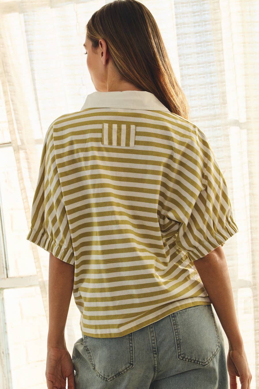 Striped Pullover Top: Green White Combo / L