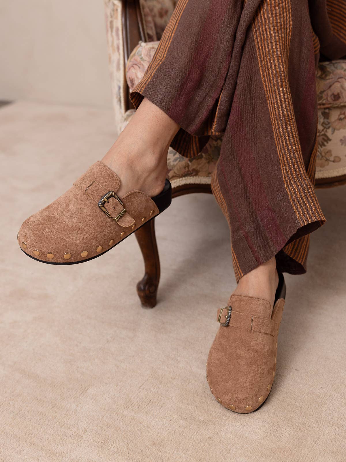 The Toni | Latte Studded Buckle Clog: LATTE / 10