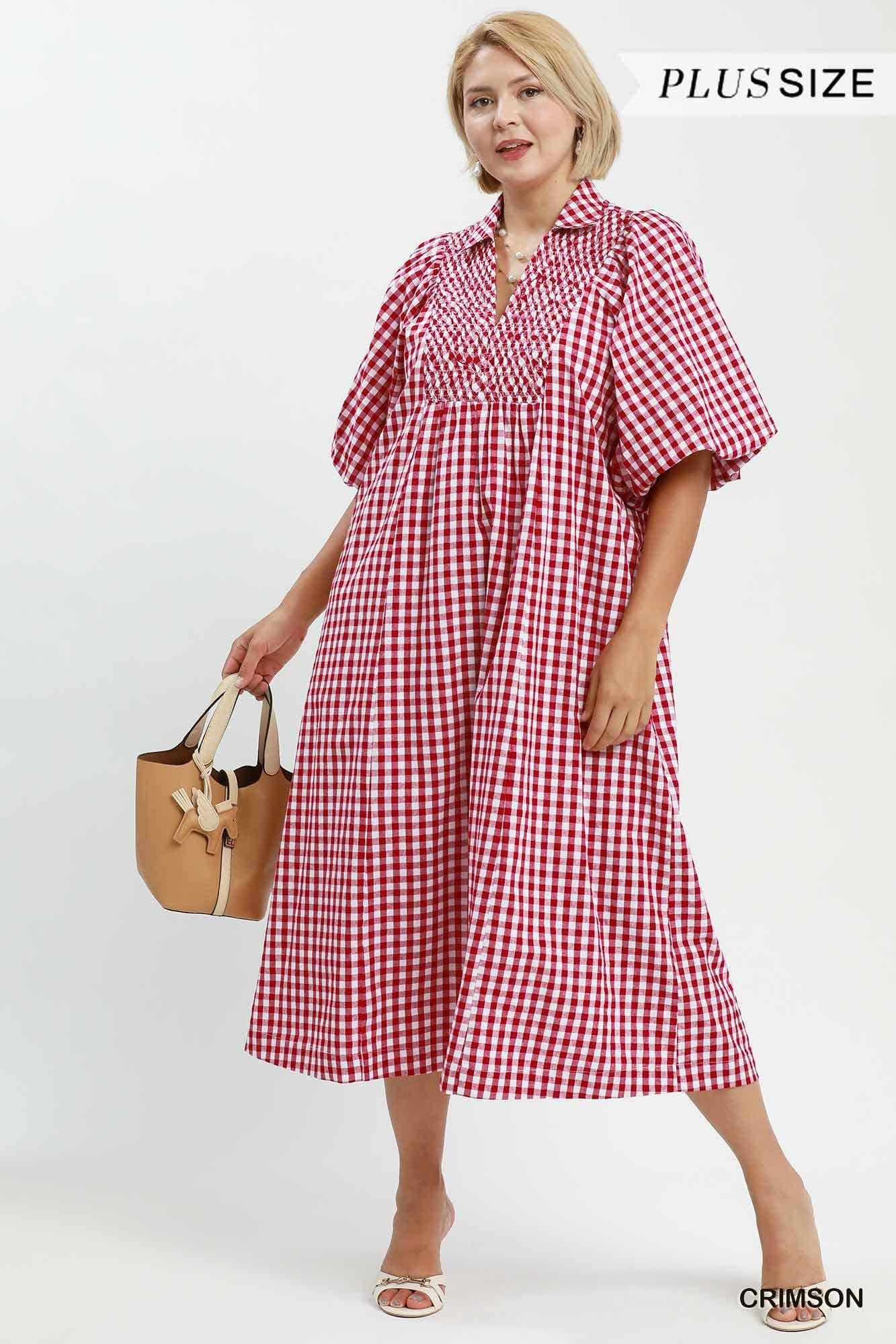 Plus Puff Sleeve Plaid Midi Dress: CRIMSON / 1-1-1(XL-1XL-2XL)