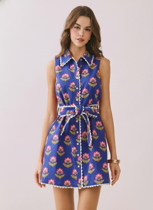 CD06056-Floral Print Contrast Scalloped Trim Detail Dress: Blue / M