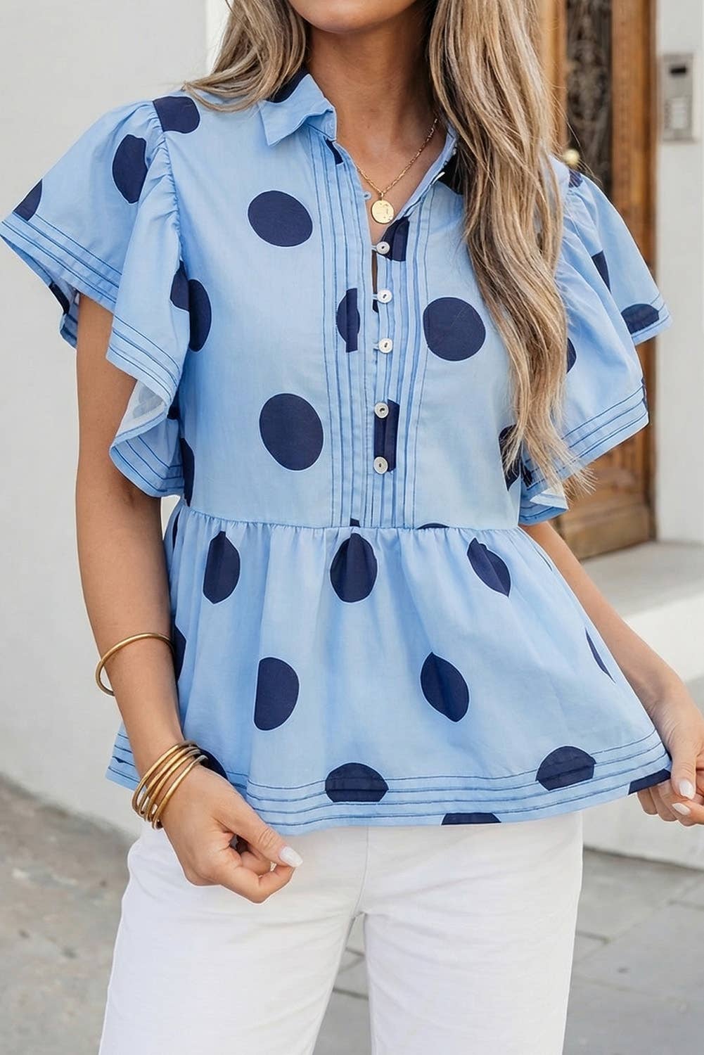Polka Dot Print Ruffled Buttoned Summer Blouse | S-XL: As shown / Missy / S