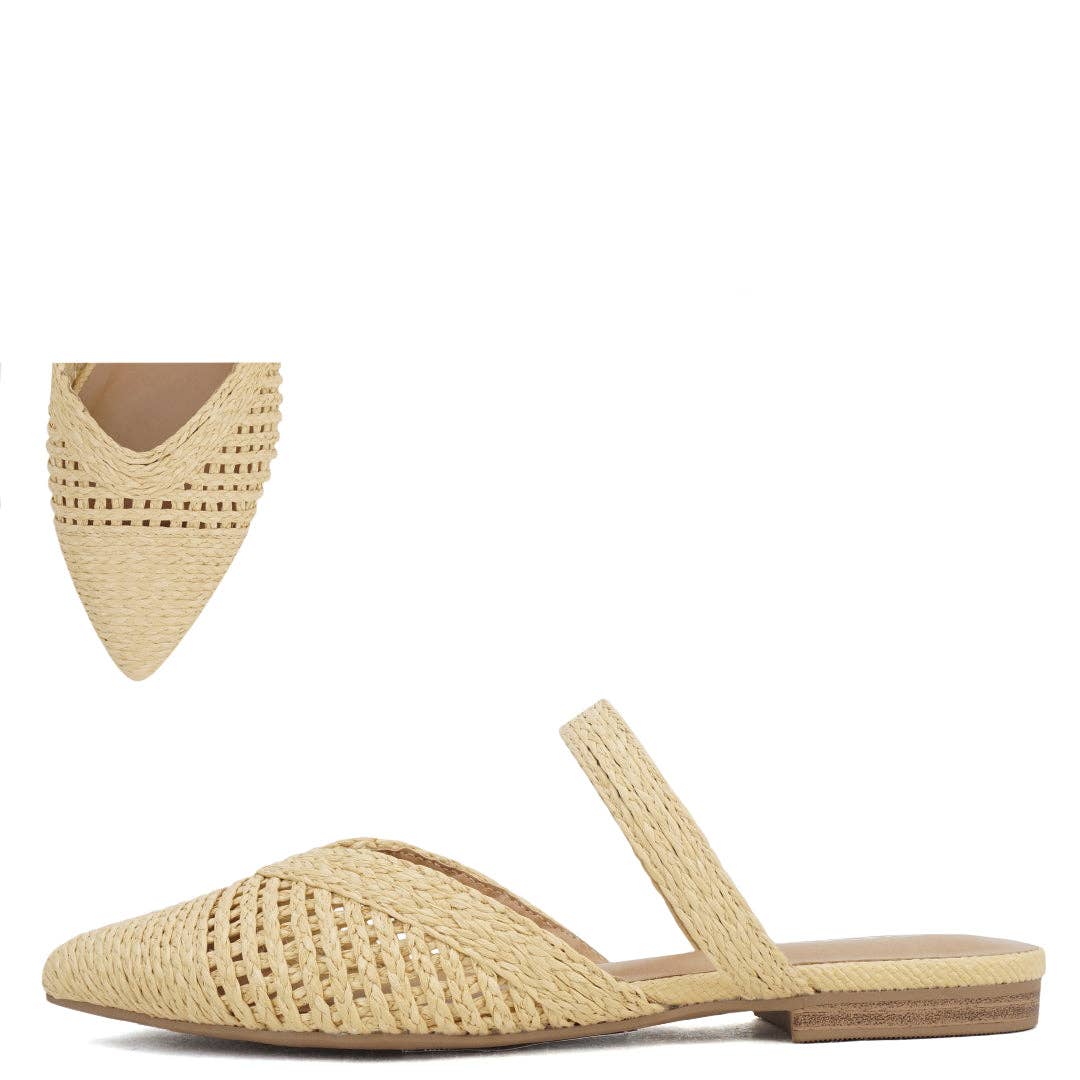 Soda ELADIO Women Pointed Toe Woven Two Pieces Flat Mules: BEIGE RAFFIA / D18-5.5(1)-6(2)-6.5(2)-7(3)-7.5(3)-8(2)-8.5(2)-9(2)-10(1)