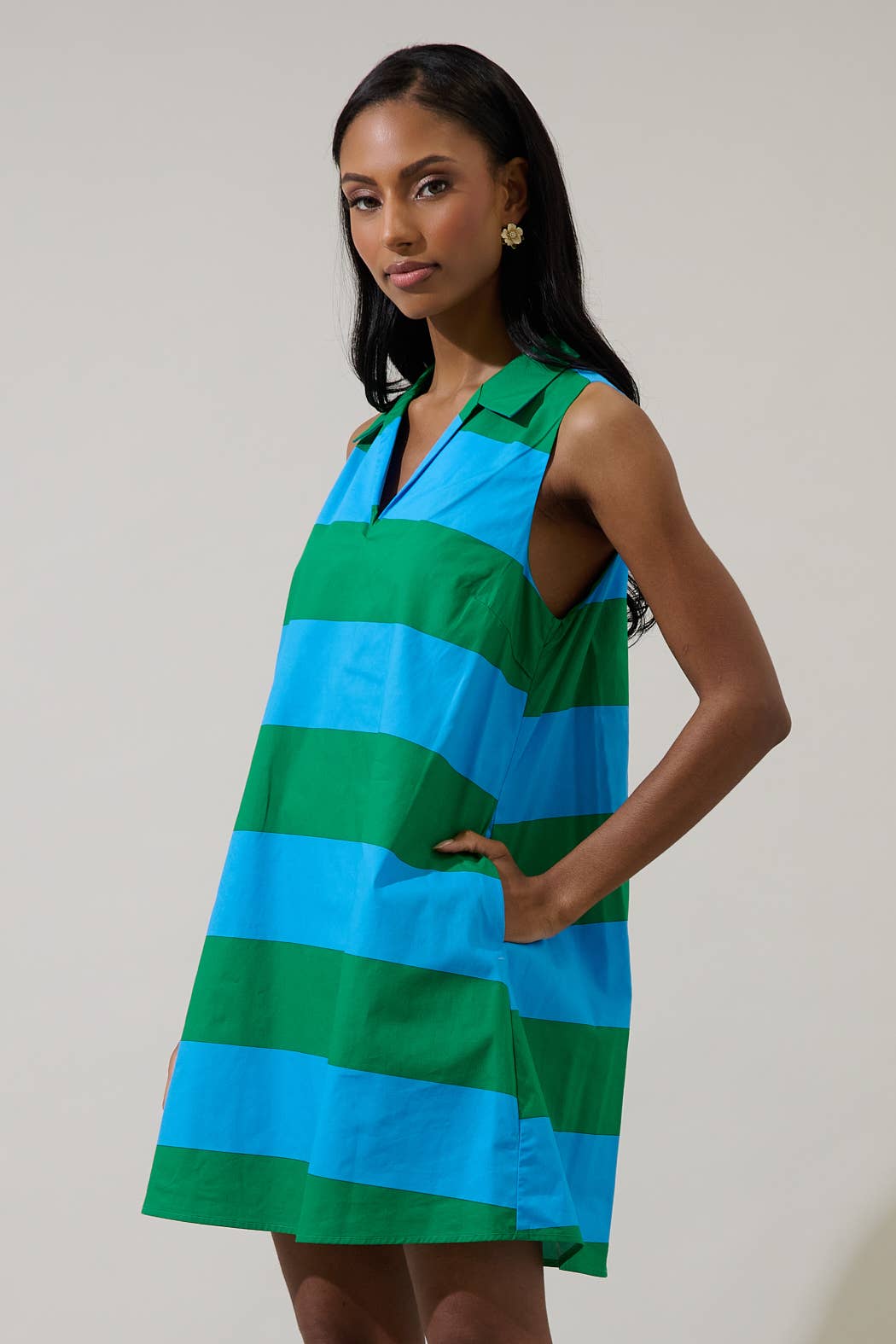 Valdy Striped Lexya Collared Shift Mini Dress: BLUE-GRN-STRIPE / S