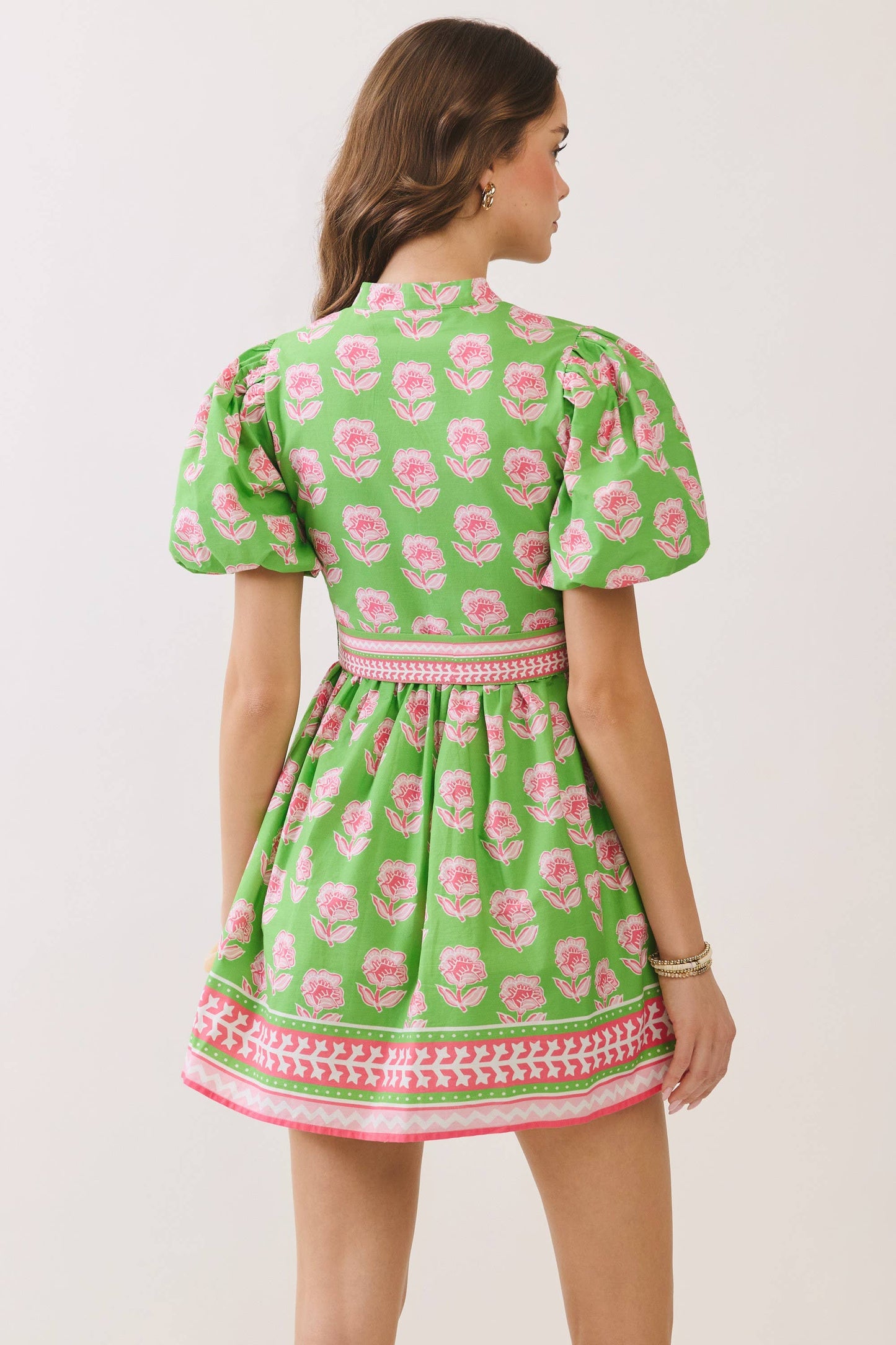 CD07034-Floral Puff Sleeve Belted Button Down Mini Dress: Green / M
