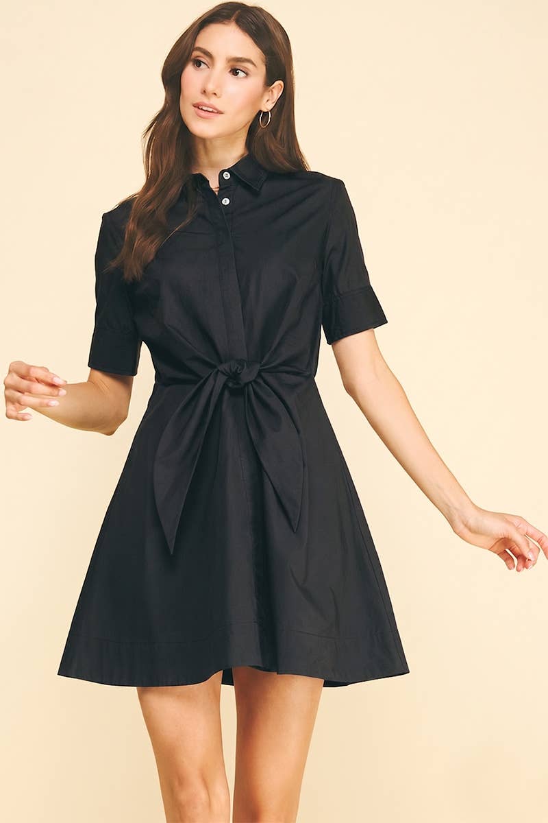 TIE-FRONT BUTTOND DOWN MINI DRESS - 7200D: Black / S