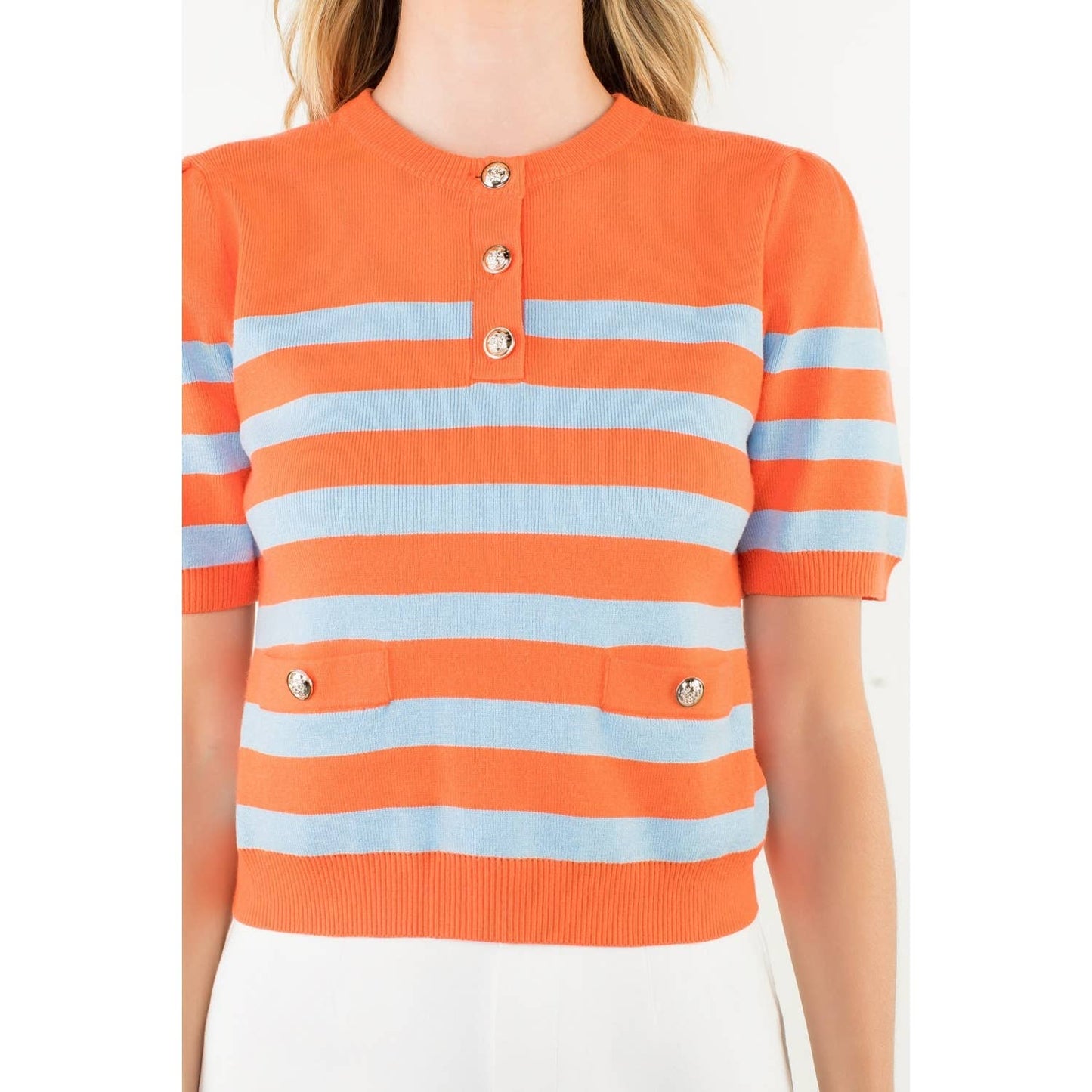 Short Sleeve Striped Knit Top: ORANGE / XS-S-M-L(1-2-2-1)