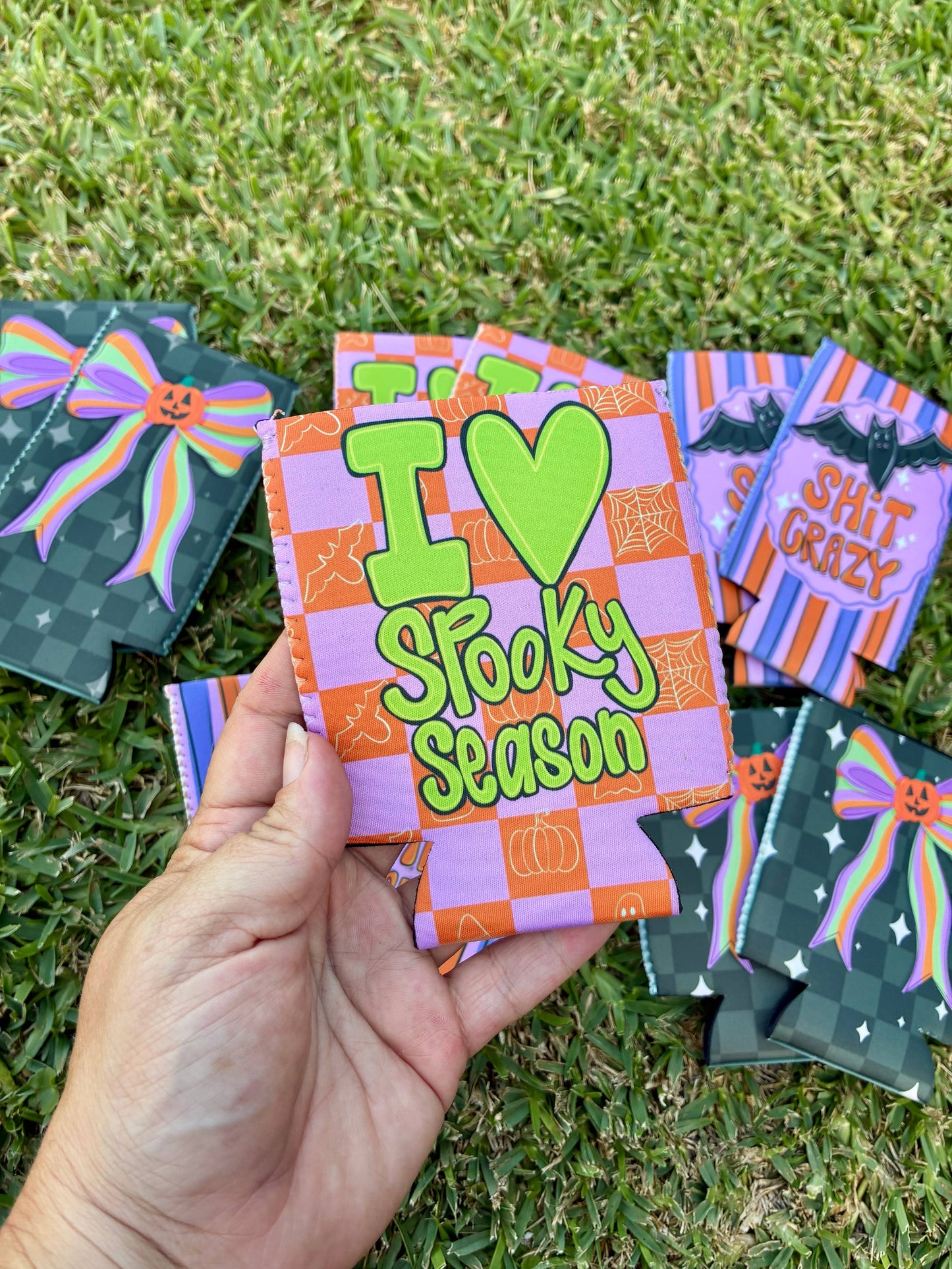 I love spooky season checkered print koozies for Halloween : Slims