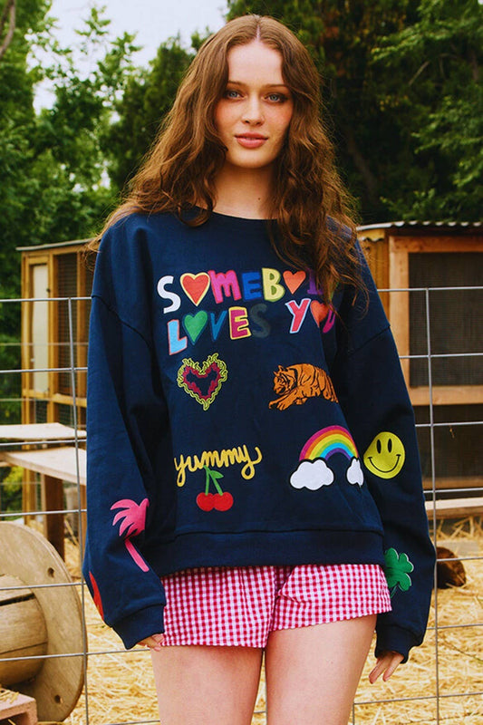 IT2537 'Somebody Loves You' Graphic Sweatshirts: NAVY / S-M-L (2-2-2)