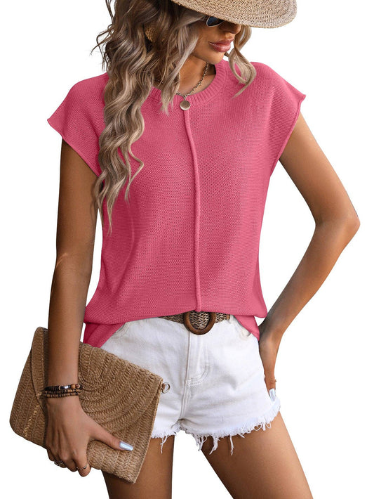 Crewneck Top, Knitted Chunky Needle Casual Sweater: Hot Pink / Acrylic 70% + 30% Nylon / M