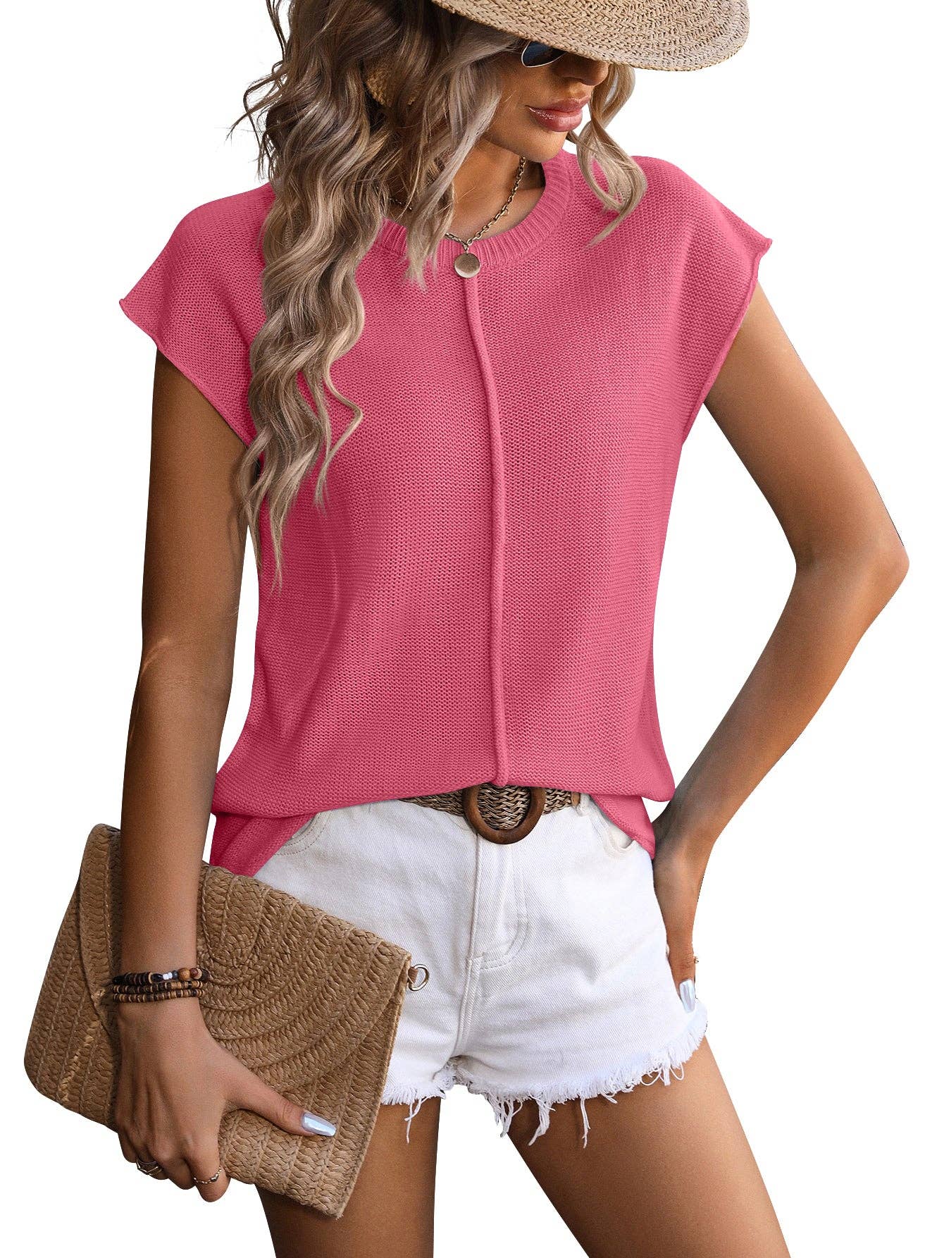 Crewneck Top, Knitted Chunky Needle Casual Sweater: Hot Pink / Acrylic 70% + 30% Nylon / L