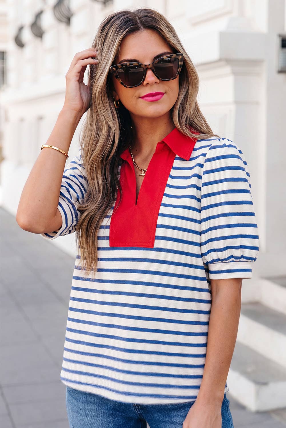 Stripe Short Puff Sleeve Collared Blouse | S-XL: Blue / S