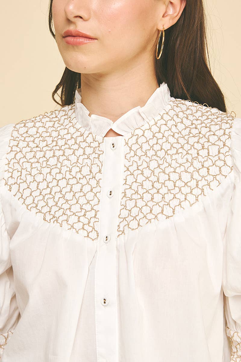 EMBROIDERED BUTTON DOWN BLOUSE TOP - 4951TB: Pink / S