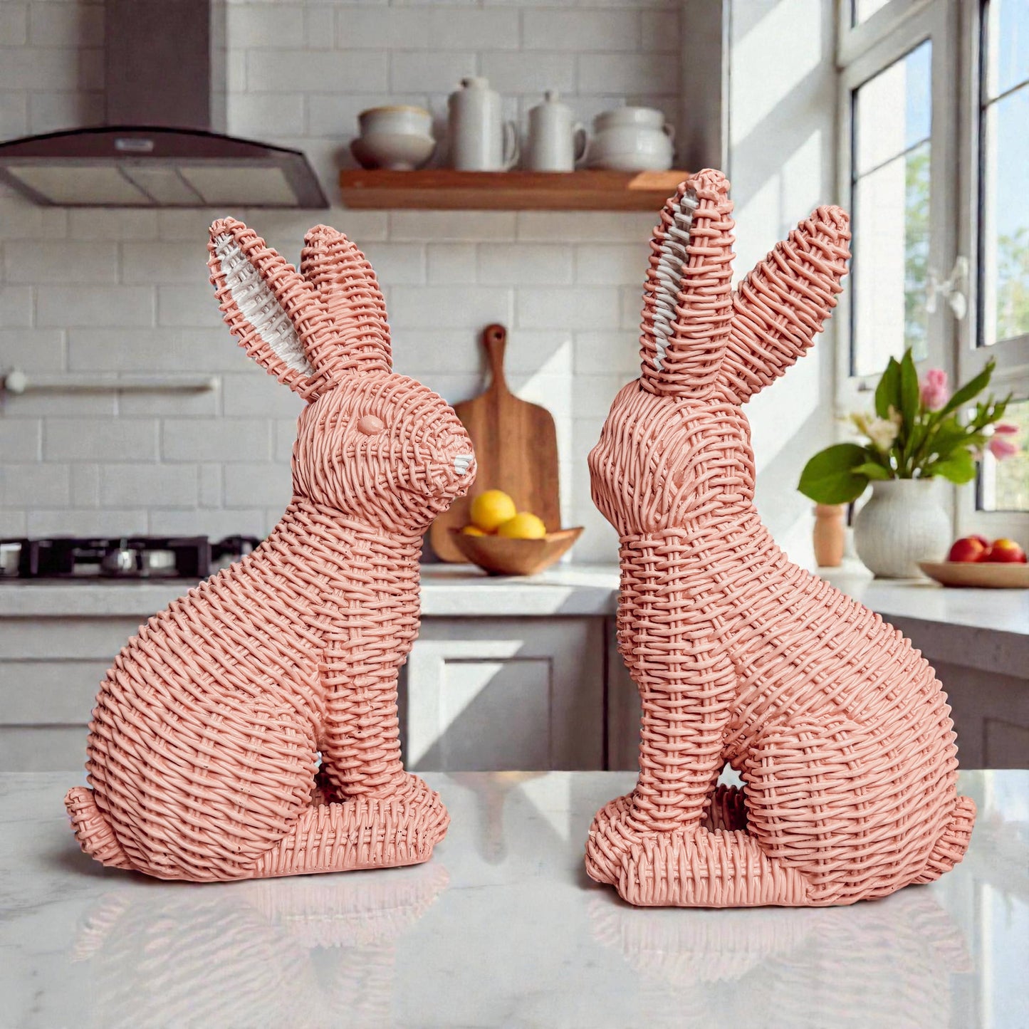 Easter Farmhouse Home Decor, Resin Bunny Figurine Rattan : White