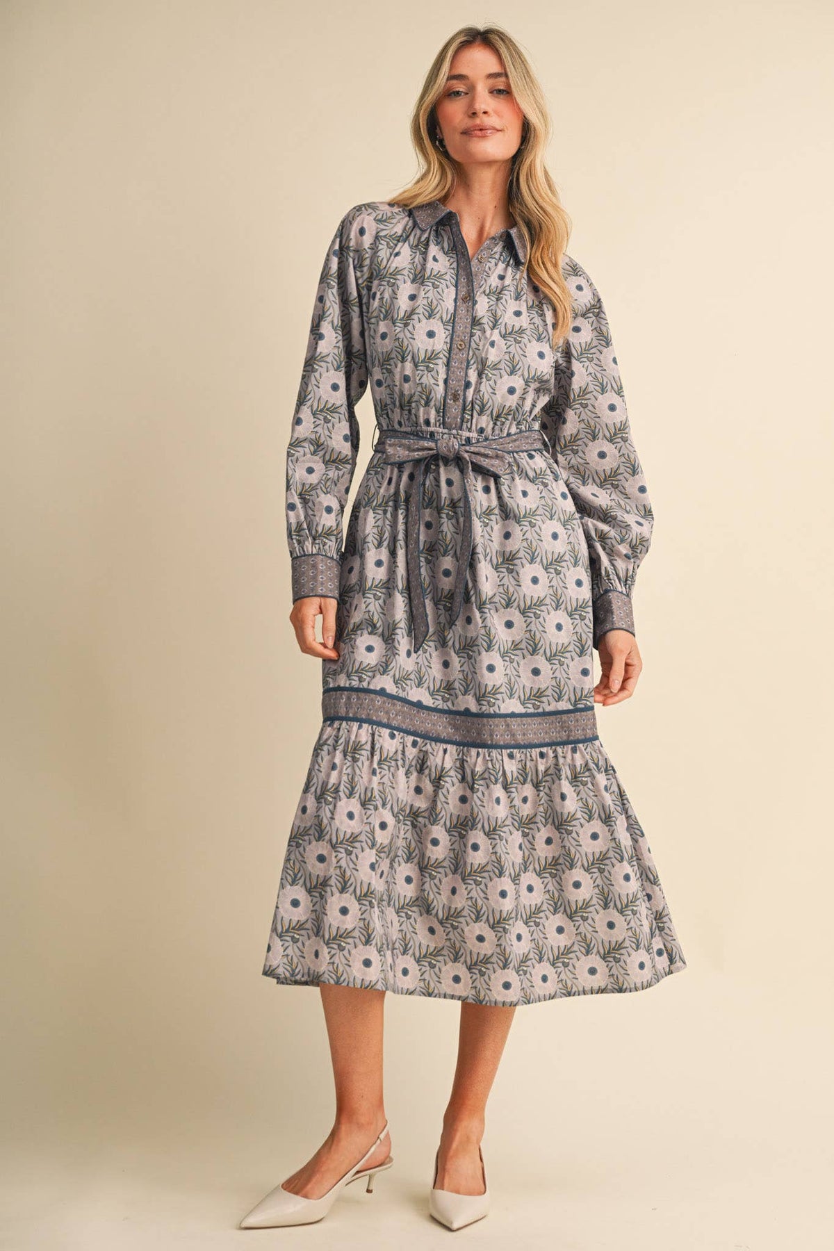 MIXED FLORAL BUTTON DOWN BELTED MIDI DRESS MDR5220: GREY TEAL / S