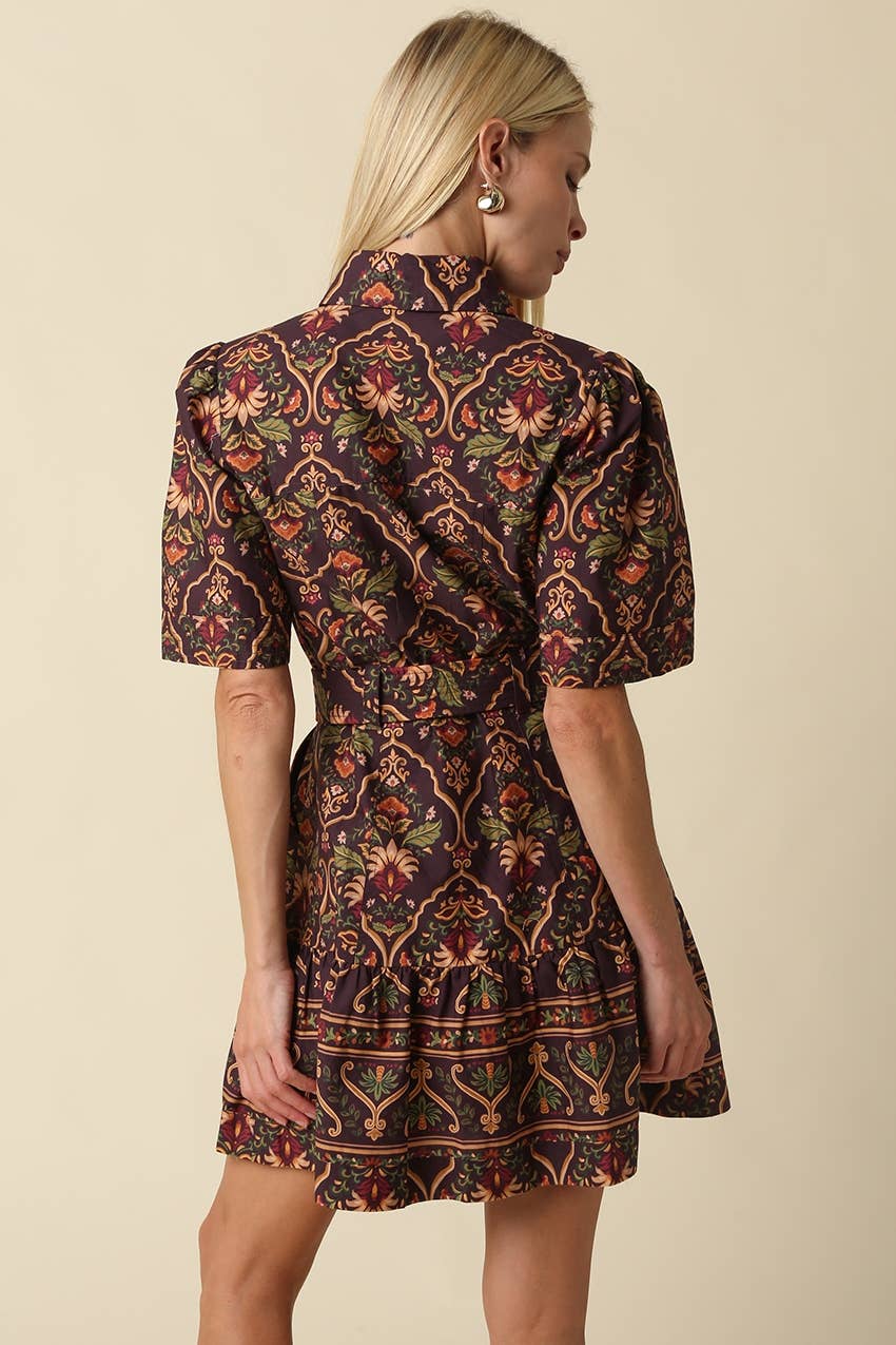Belen Paisley Belted Mini Dress: CHOCOLATE MULTI / M