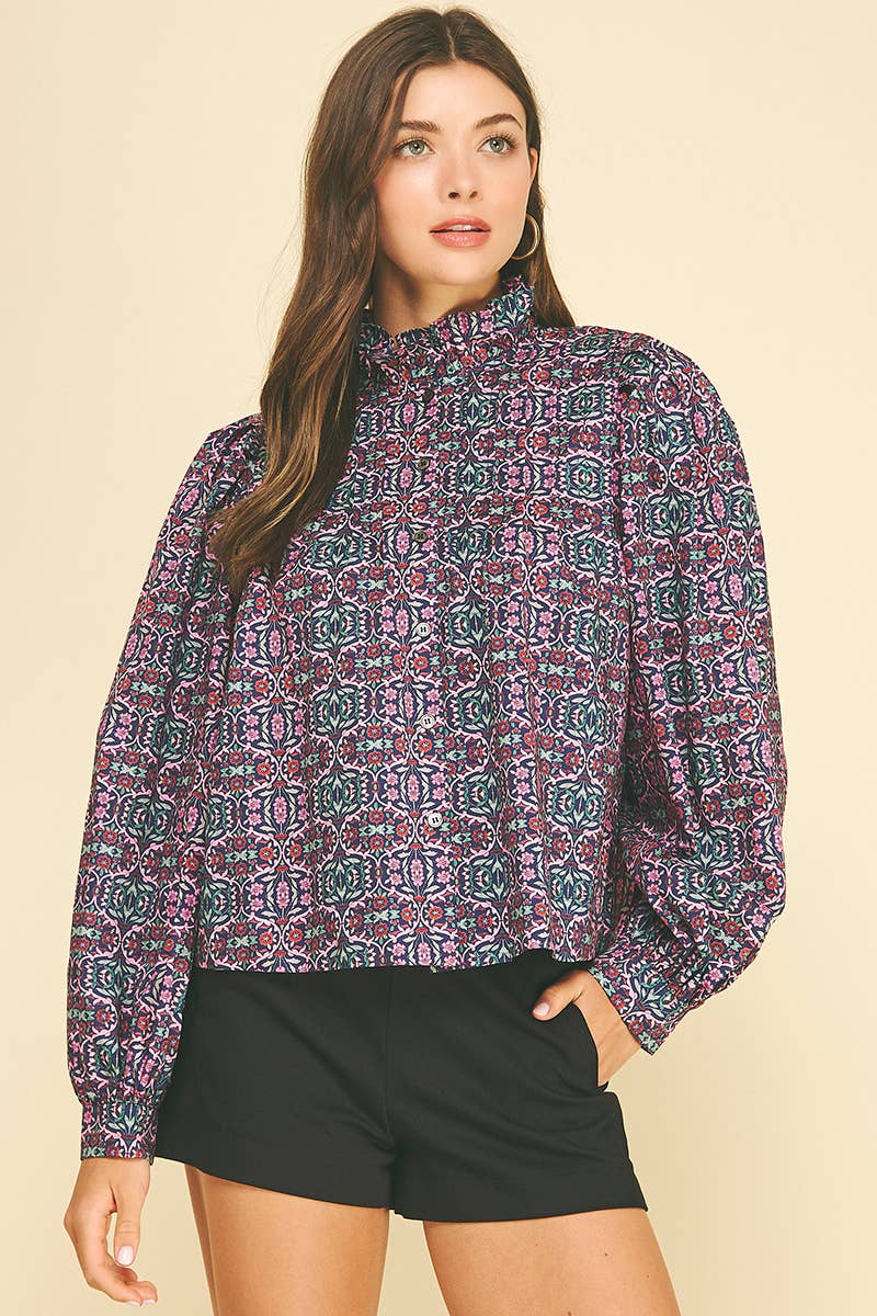 GEOMETRIC FLORAL RUFFLED MOCK NECK BLOUSE - 7594T: NAVY PINK / M