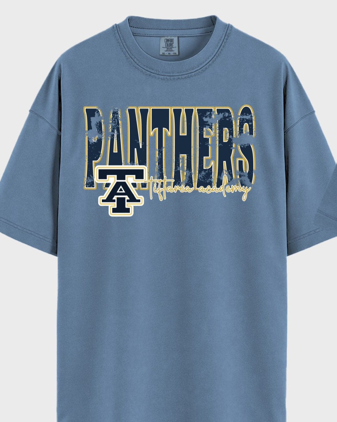 Blue Comfort Colors T-shirt with distressed navy and gold “Panthers” lettering and Tiftarea Academy logo on the front.