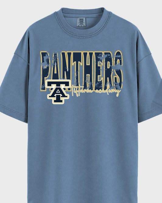 Blue Comfort Colors T-shirt with distressed navy and gold “Panthers” lettering and Tiftarea Academy logo on the front.
