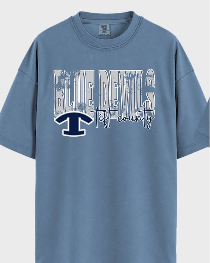 Blue Comfort Colors T-shirt with distressed white “Blue Devils” lettering and Tift County logo on the front.