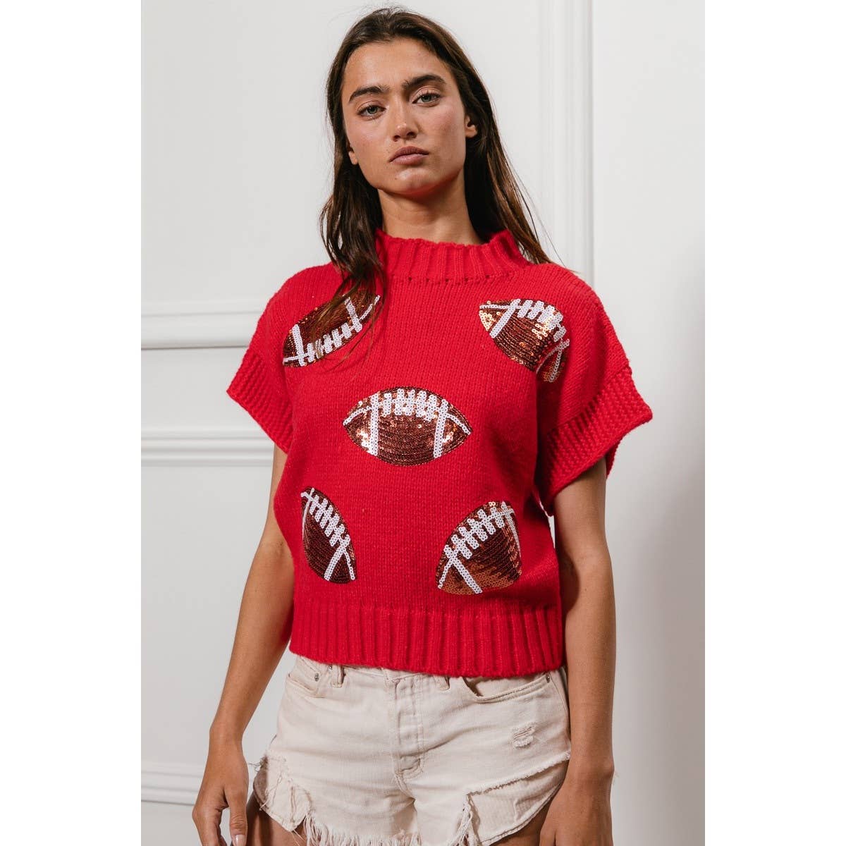 SEQUIN FOOTBALL PATCHES RIB BANDED SWEATER: OATMEAL / S