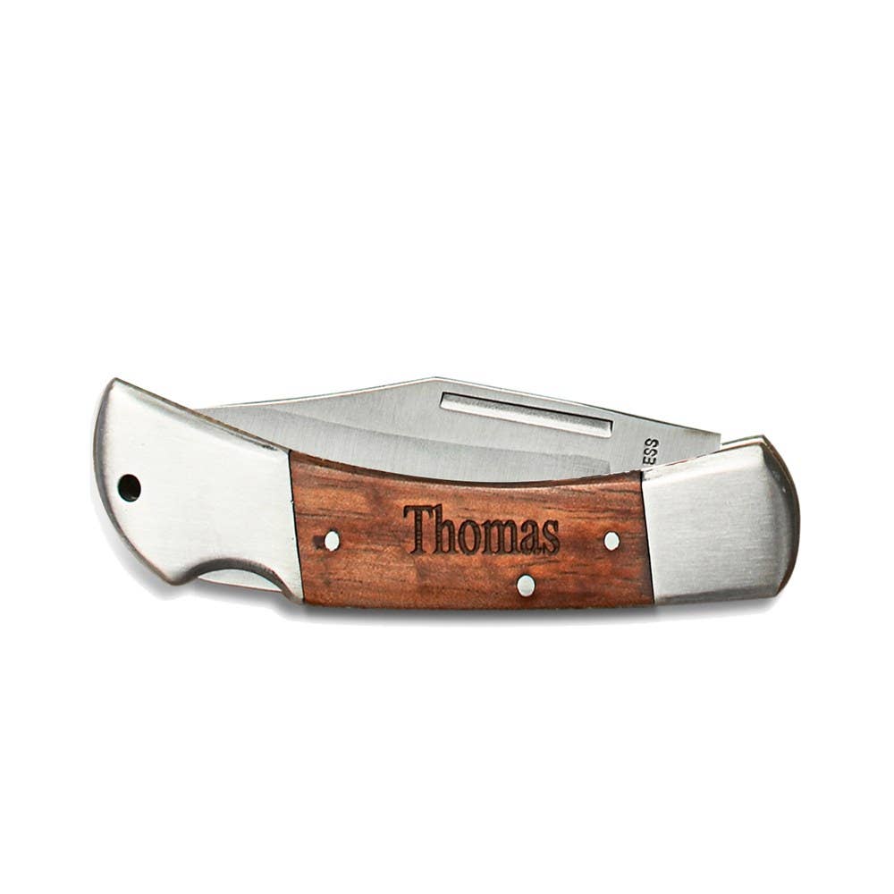 Wood Handled Locking Blade Pocket Knife – Monogram Engraved: Yes