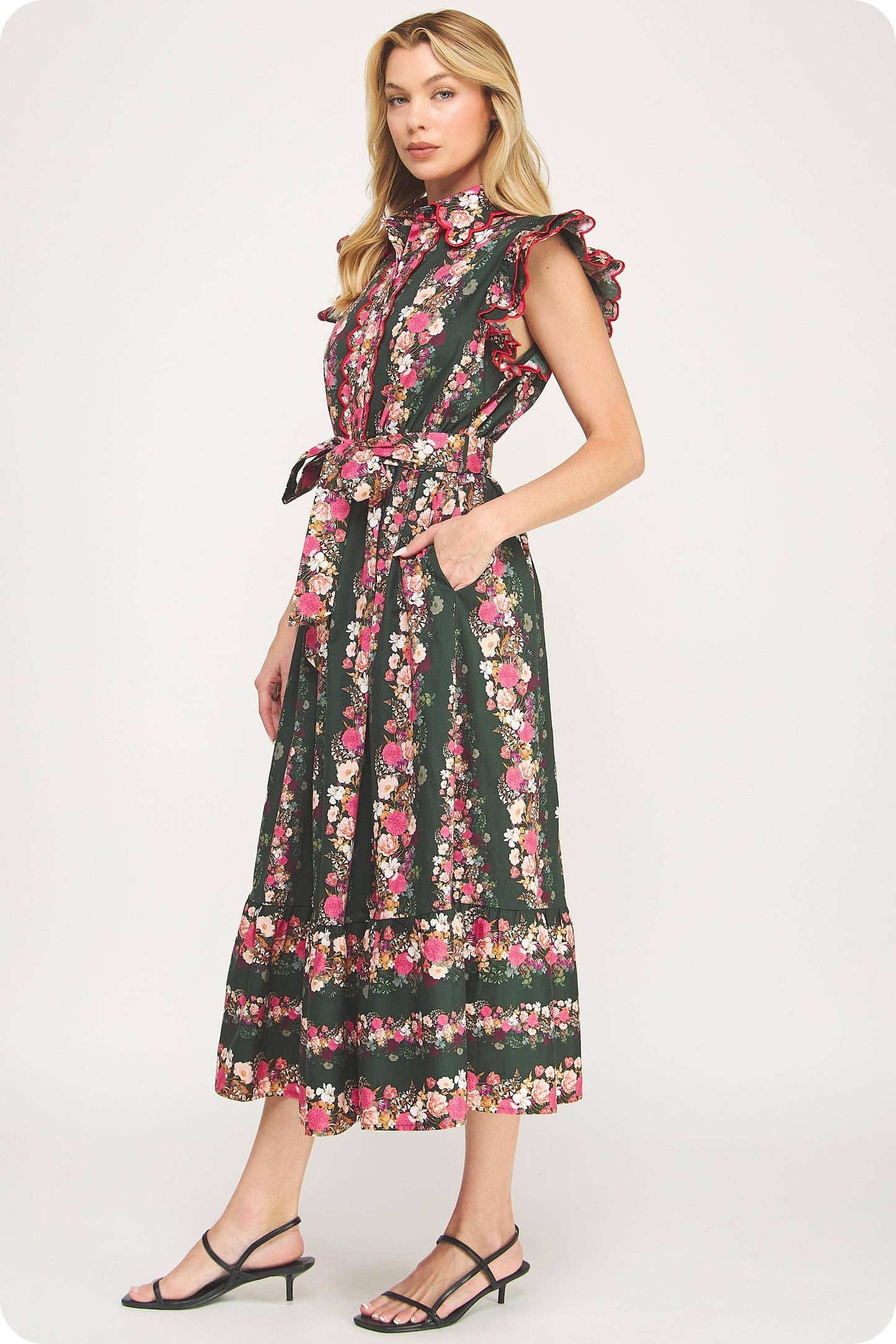 Ruffle Scallop Embroidery Floral Midi Dress: Deep Green/pink Multi / L
