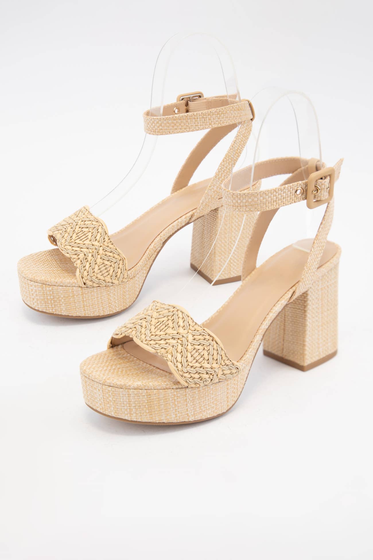 SNOOZE RAFFIA CHUNKY PLATFORM ANKLE STRAP HEELS: NATURAL RAFFIA / B16