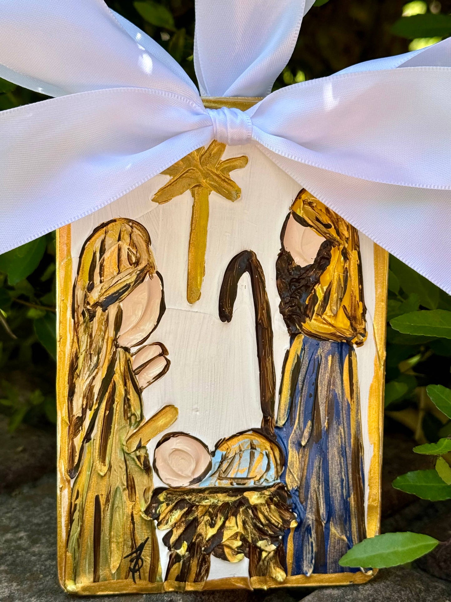 Nativity hand painted ornament with satin bow