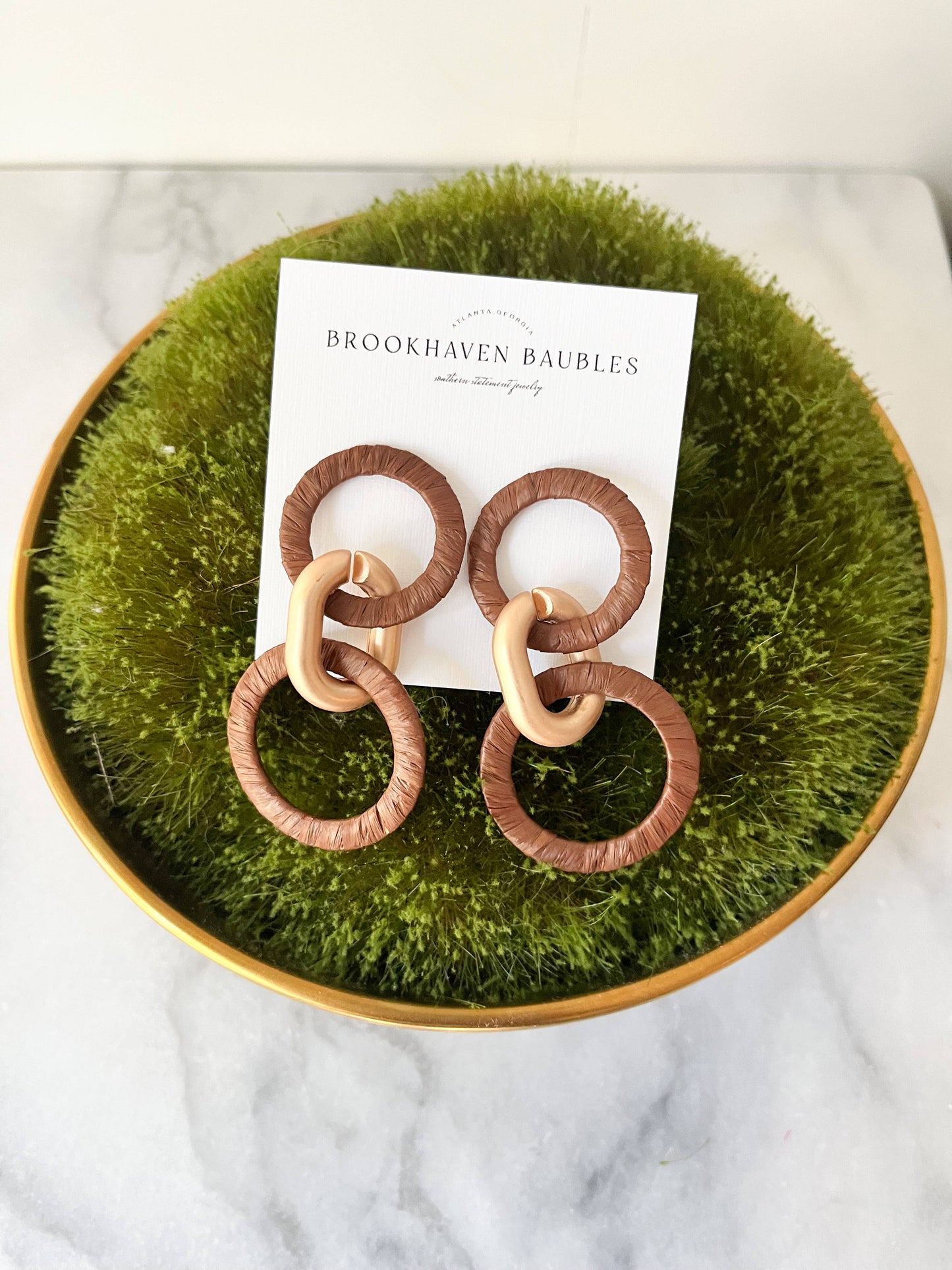 Chocolate Brown & Matte Gold Raffia circle Link Earrings