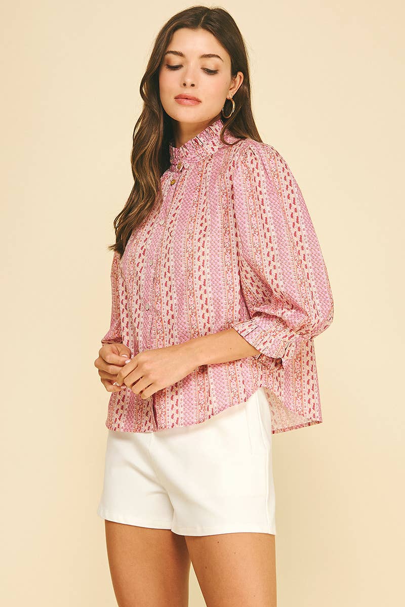 FLORAL BOTANICAL PRINT BUTTON DOWN BLOUSE - 7450T: GREEN MULTI / S