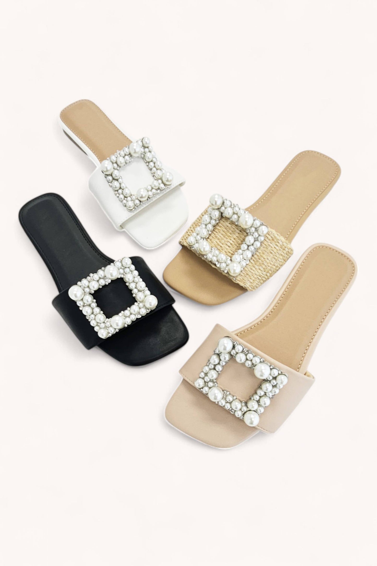 PRIME-78 PEARL JEWEL SQUARE FRAME SLIP-ON SANDALS: BEIGE RAFFIA / B18