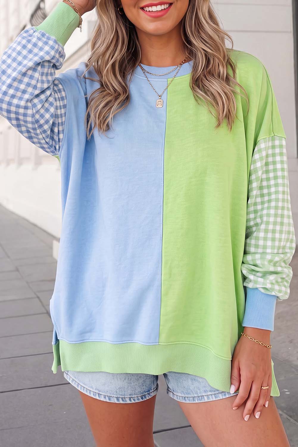Plaid Print Crewneck Gingham Sleeve Sweatshirt FW26 | S-XL: Rose Red / M