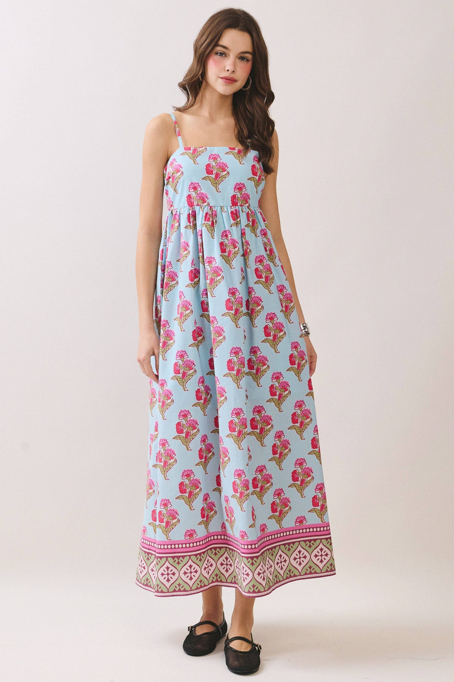 CD06721-Floral Print Gathered Waist seam Maxi Dress: MULTI / L