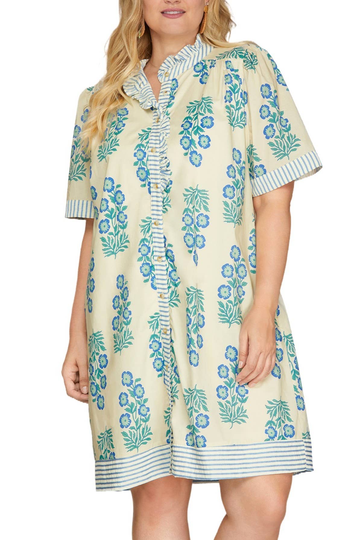 Plus Button Down Printed Mini Dress: BLACK/BLUE / 2-2-2(XL-1XL-2XL)