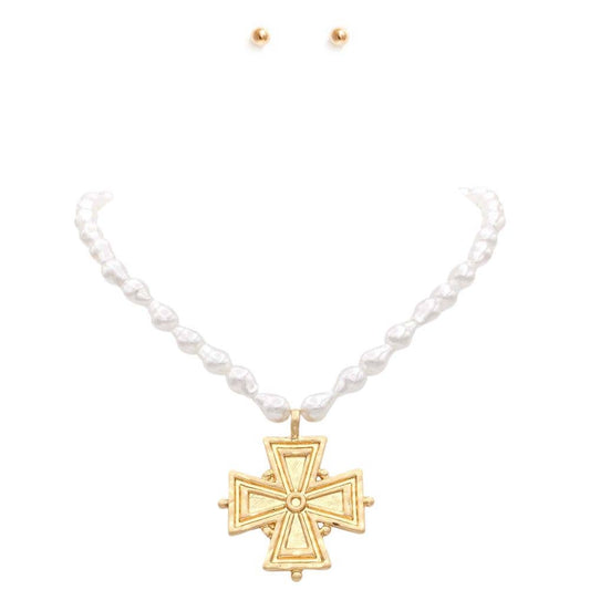 WIDE CROSS PENDANT PEARL BEAD NECKLACE, NK 10022 IR: VG
