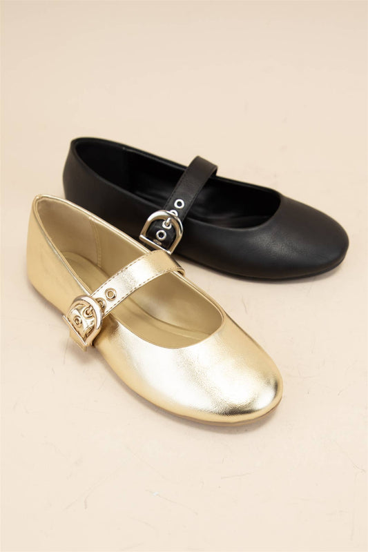 SEESAW ROUND TOE BUKKLED STRAP MARY JANE FLAT : GOLD / 5.5