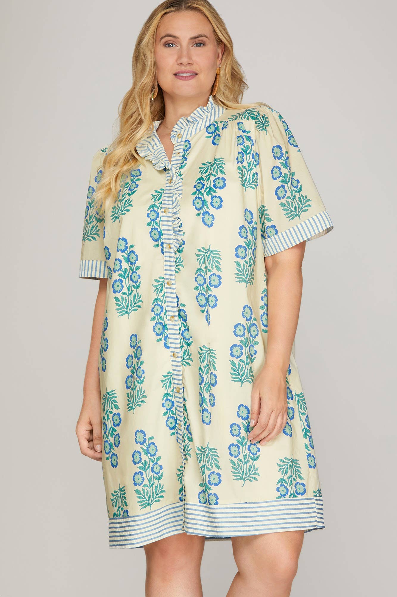 Plus Button Down Printed Mini Dress: BLACK/BLUE / 2-2-2(XL-1XL-2XL)