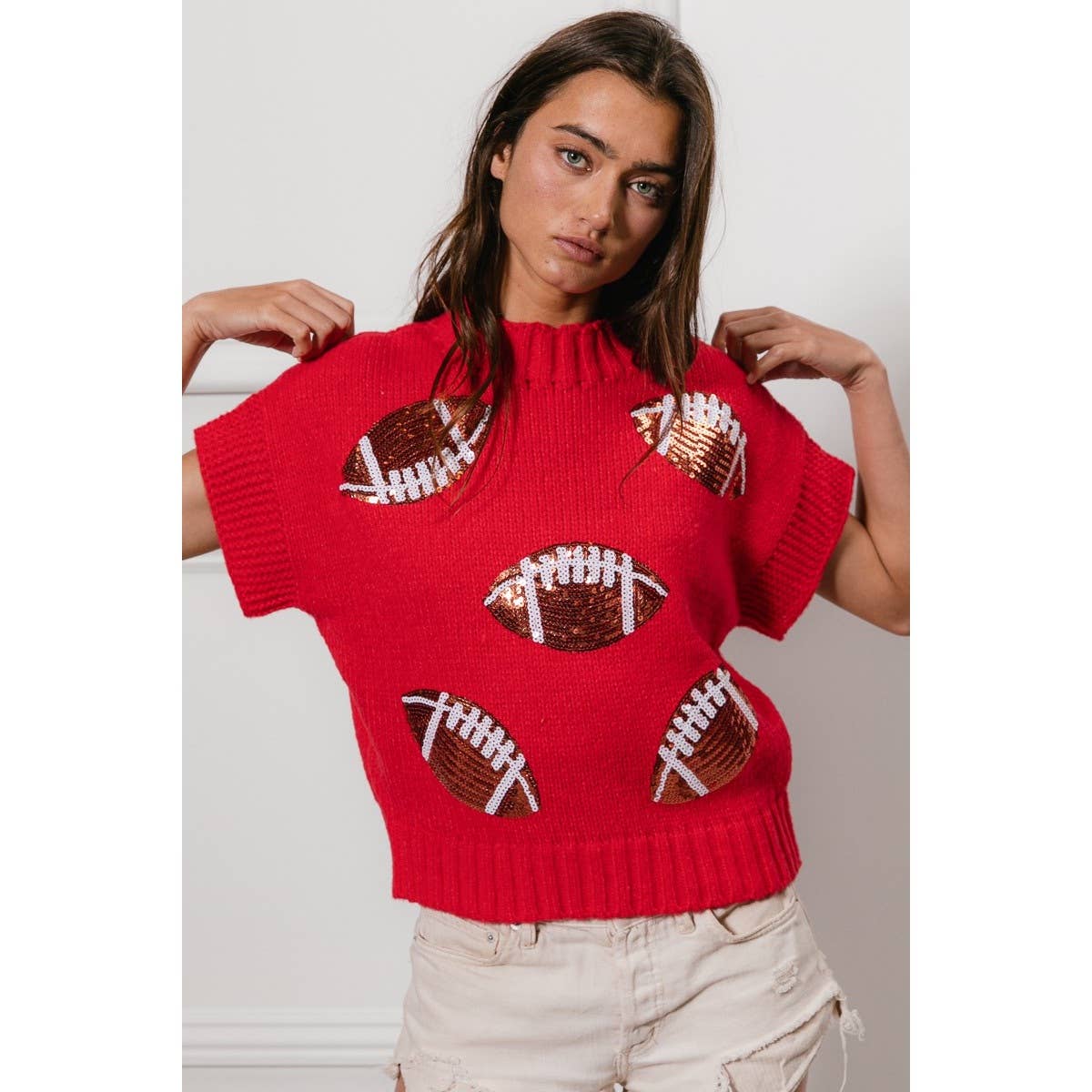 SEQUIN FOOTBALL PATCHES RIB BANDED SWEATER: OATMEAL / M