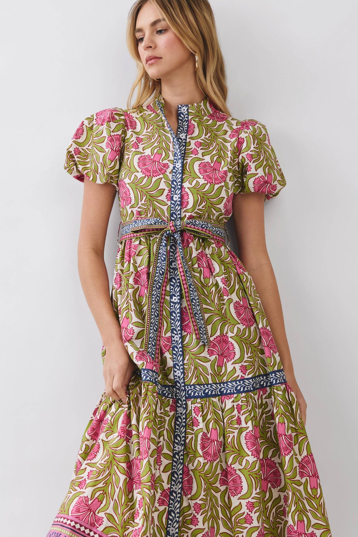 CD07204-Floral Border Print Tie Waist Maxi Dress: Green / L