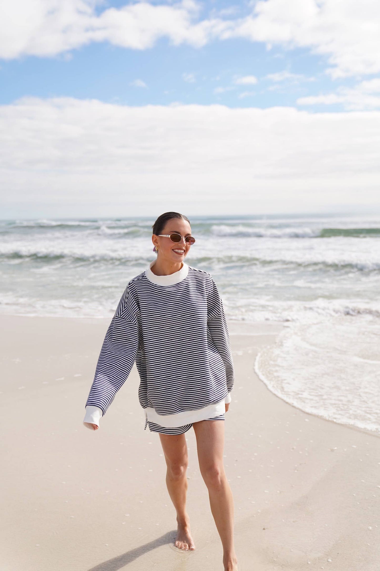 Dark Navy Blue and White Big Striped Mockneck Sweatshirt: Navy Blue/White Big Stripes / Small