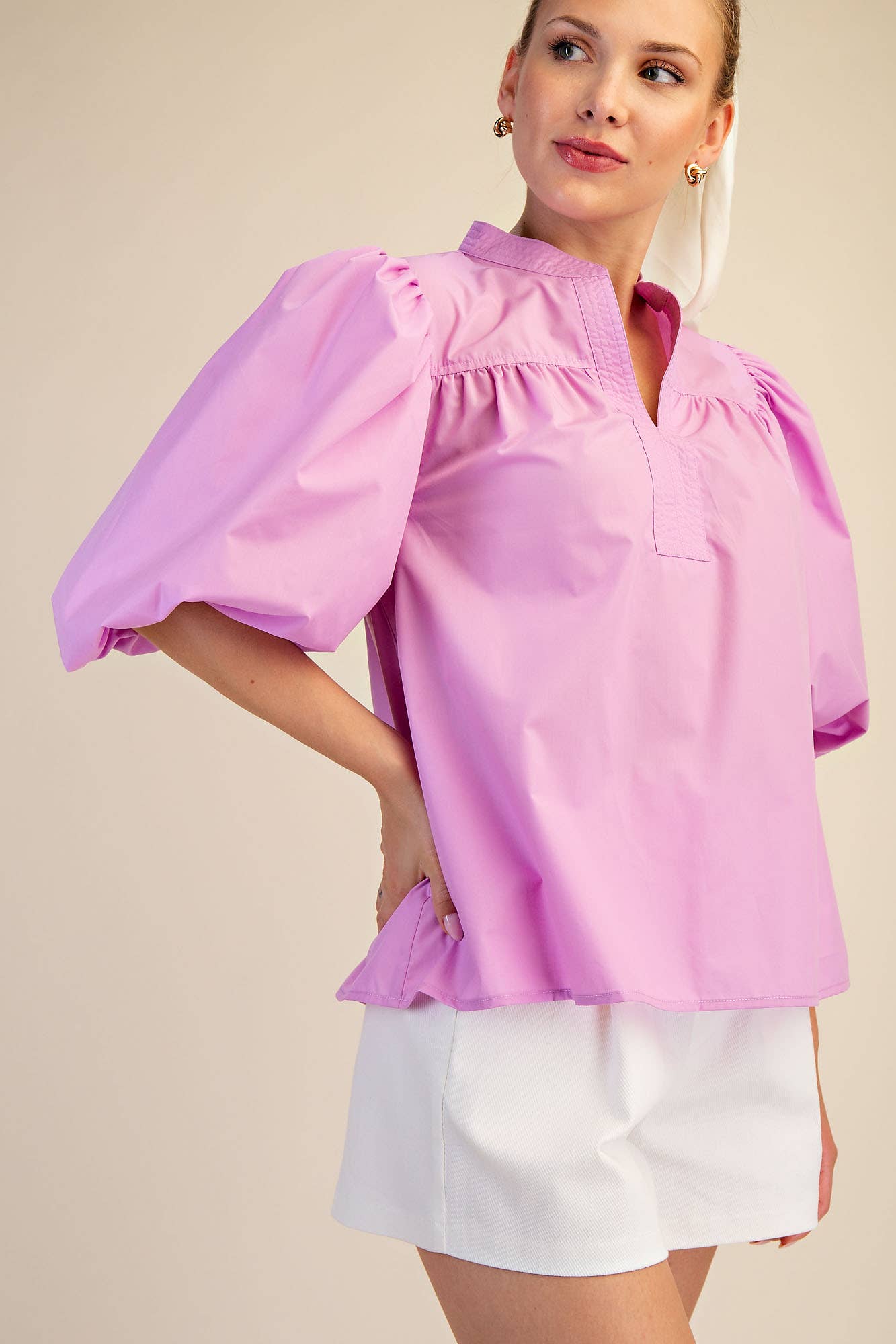 China Collar V-Neck Bubble Sleeve Poplin Top: Red / M