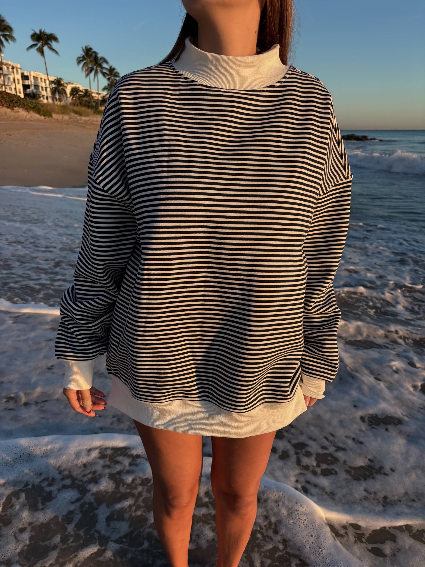 Dark Navy Blue and White Big Striped Mockneck Sweatshirt: Navy Blue/White Big Stripes / Medium