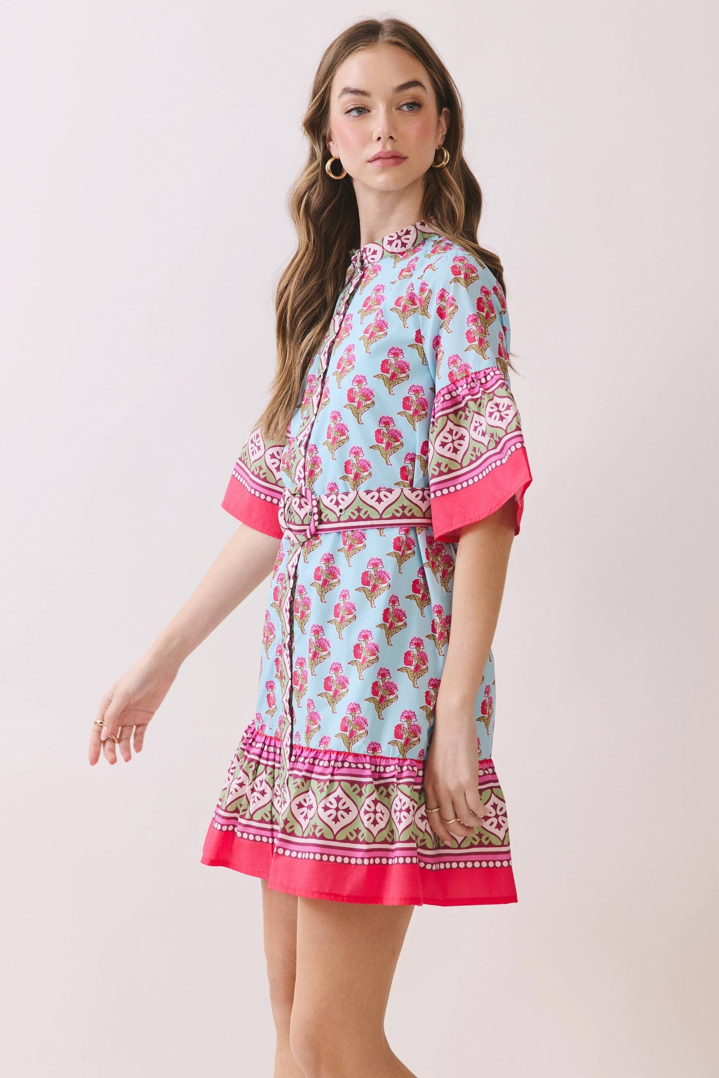CD06716-Printed Belted Mini Dress with Contrast Border: MULTI / L