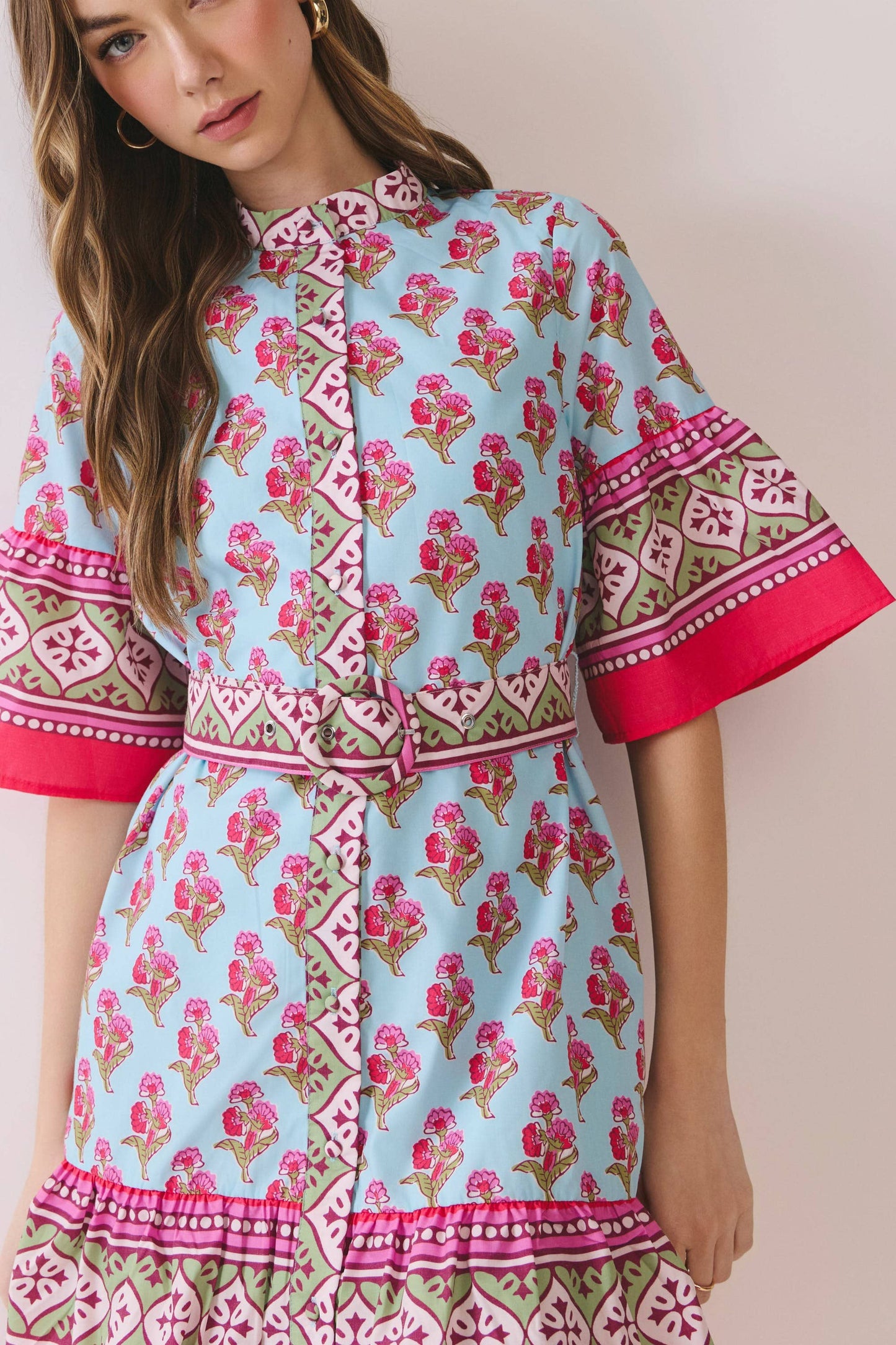 CD06716-Printed Belted Mini Dress with Contrast Border: MULTI / S
